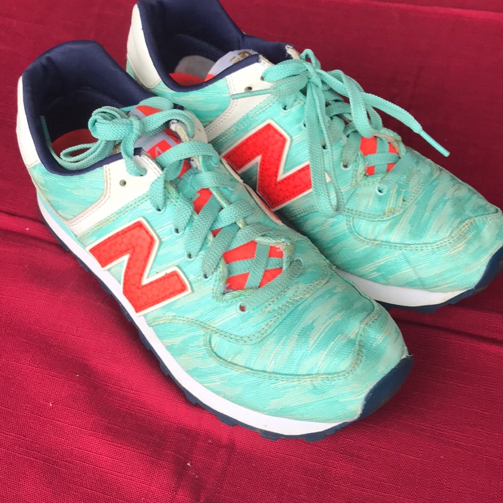 New Balance 574 Mint Green with orange detail